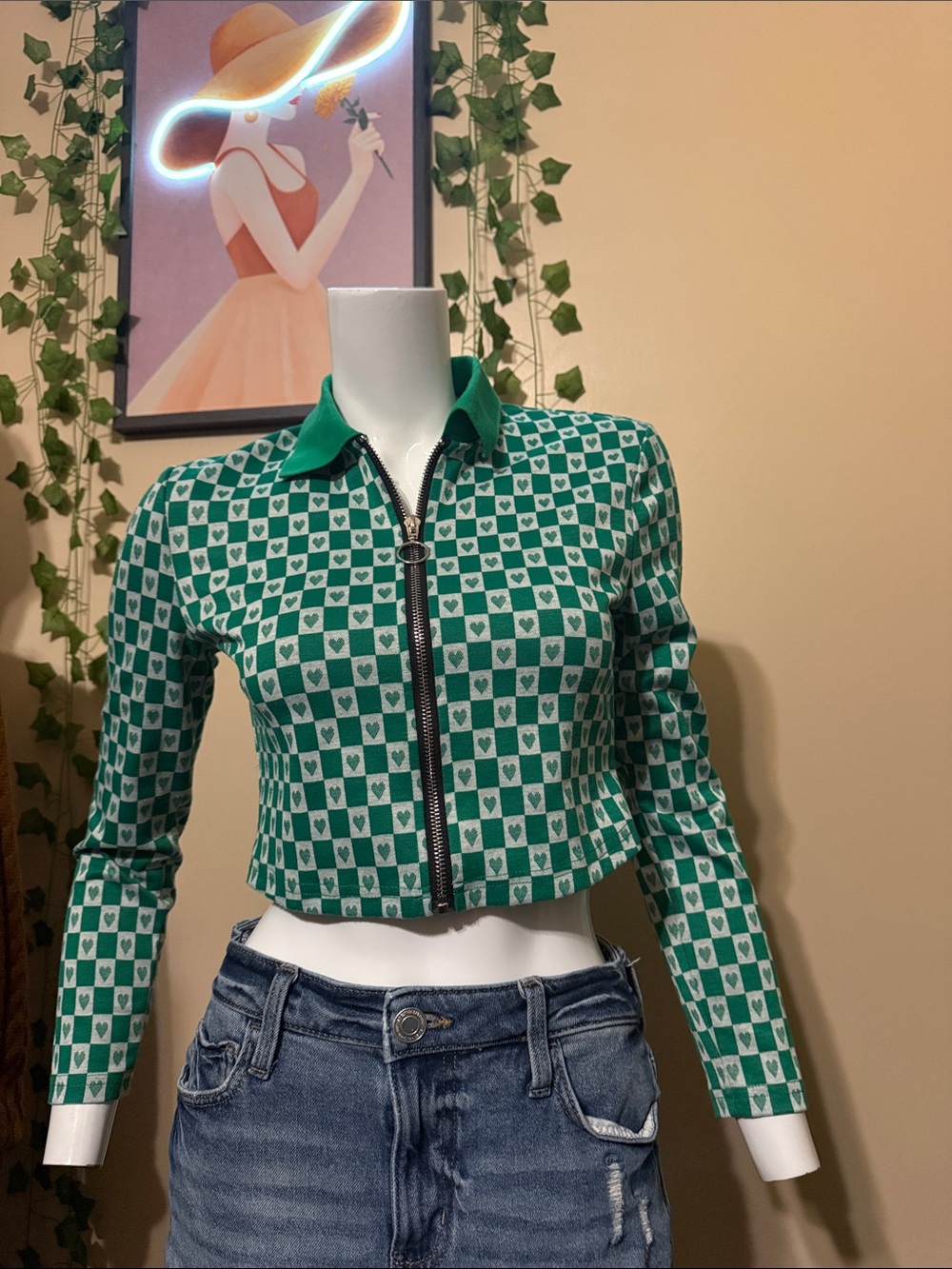 Urban Revivo zip through cardigan in green check and heart print